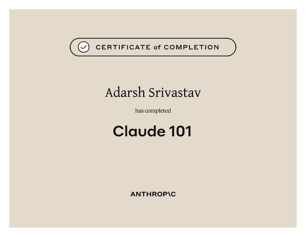Claude 101 Certificate of Completion from Anthropic Academy